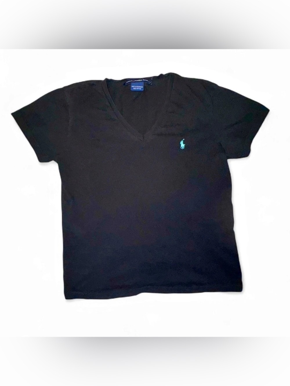 Ralph Lauren Sport Women’s Black V-Neck T-Shirt Medium – Turquoise Logo
